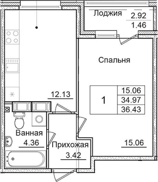 1-комнатная квартира 36.43 м², 6/9 эт., ЖК «Квартал Заречье»